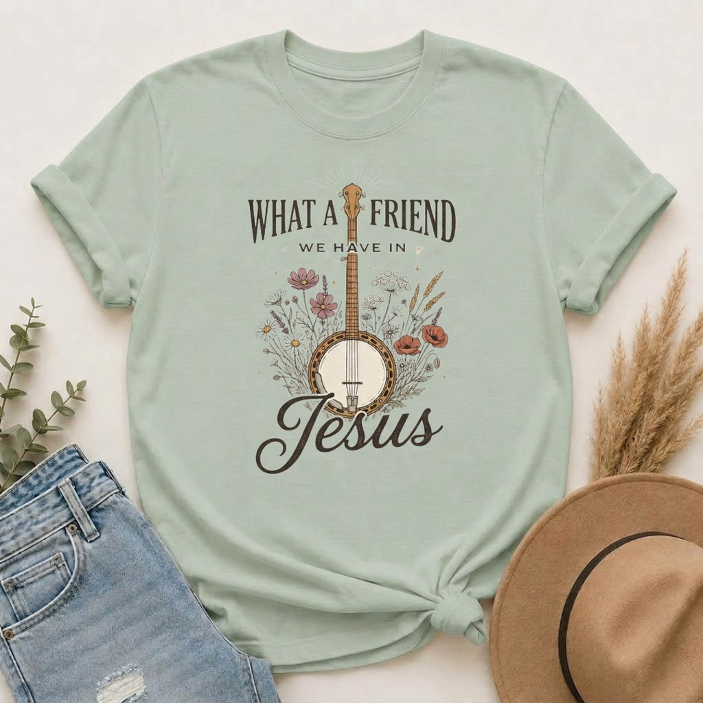 Christian Banjo T-Shirt — “What a Friend We Have in Jesus” Floral Gospel Tee
