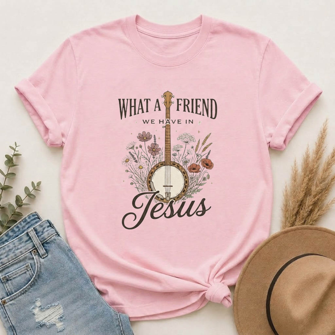Christian Banjo T-Shirt — “What a Friend We Have in Jesus” Floral Gospel Tee