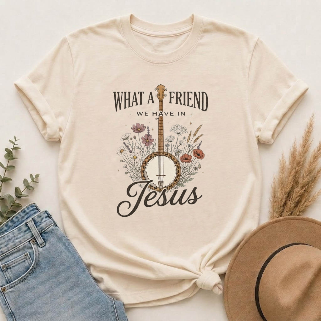 Christian Banjo T-Shirt — “What a Friend We Have in Jesus” Floral Gospel Tee