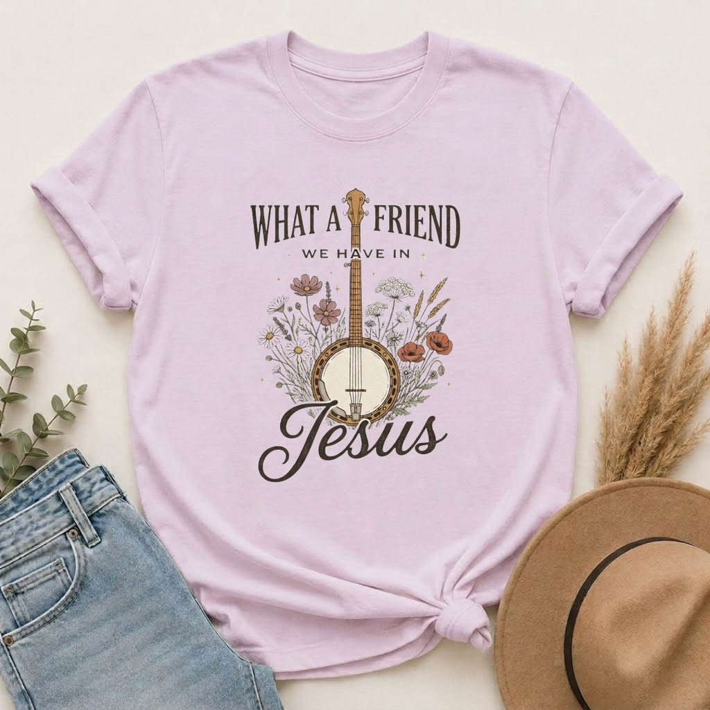 Christian Banjo T-Shirt — “What a Friend We Have in Jesus” Floral Gospel Tee