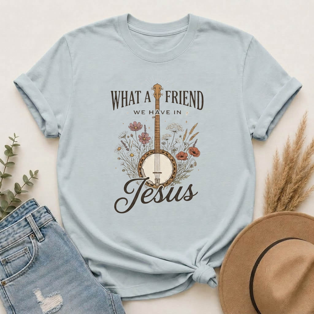Christian Banjo T-Shirt — “What a Friend We Have in Jesus” Floral Gospel Tee
