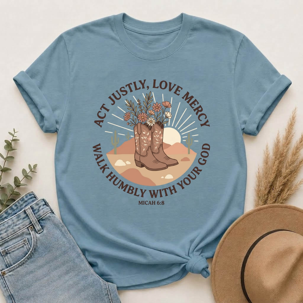 Faithful Cowgirl T-Shirt — “Act Justly, Love Mercy” Micah 6:8 Christian Tee