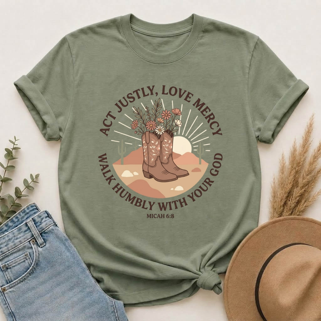 Faithful Cowgirl T-Shirt — “Act Justly, Love Mercy” Micah 6:8 Christian Tee