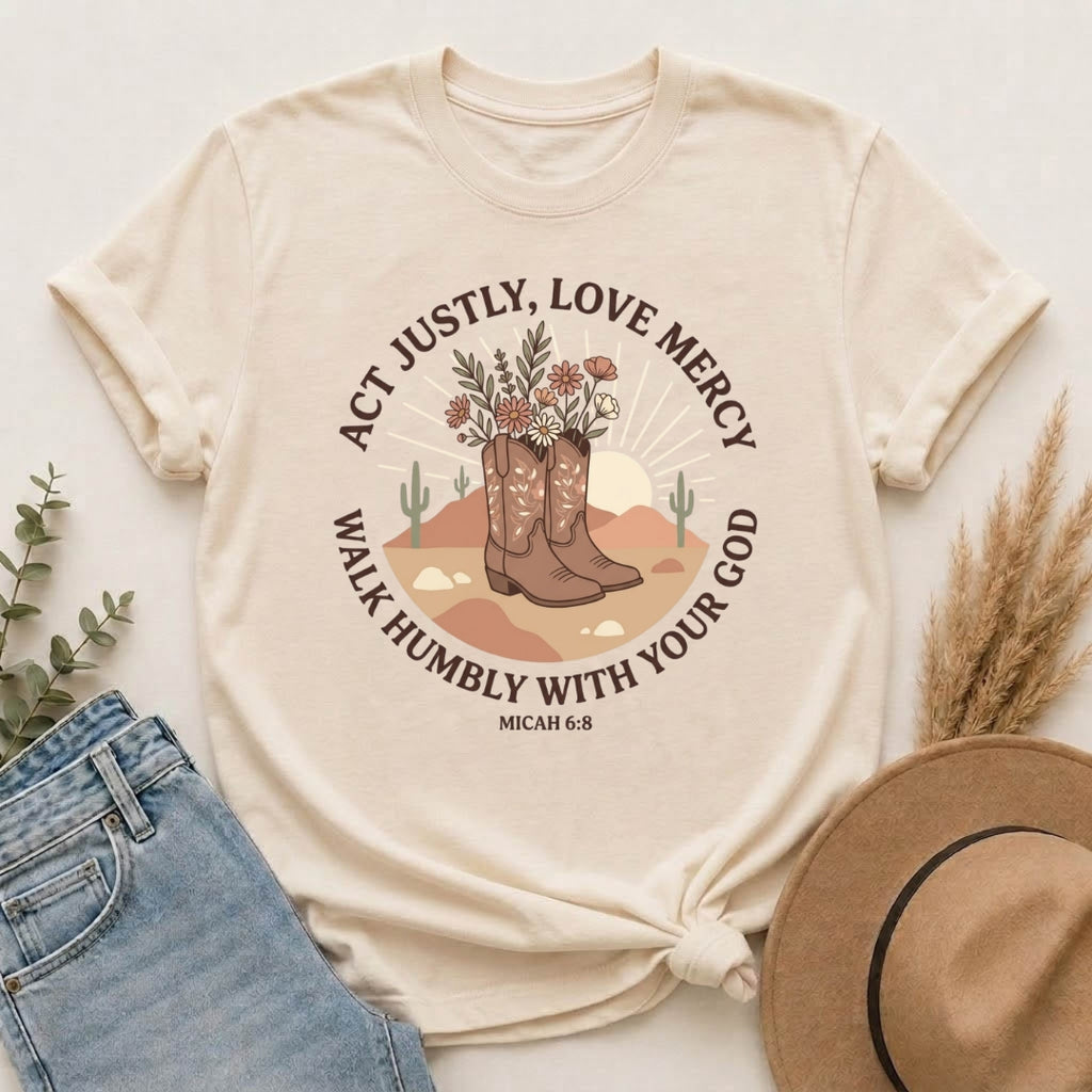 Faithful Cowgirl T-Shirt — “Act Justly, Love Mercy” Micah 6:8 Christian Tee