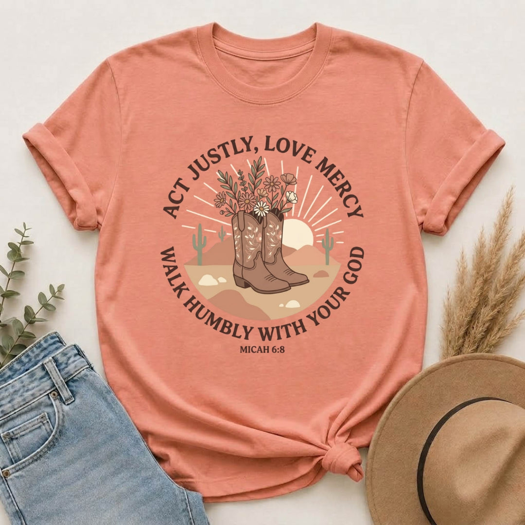 Faithful Cowgirl T-Shirt — “Act Justly, Love Mercy” Micah 6:8 Christian Tee