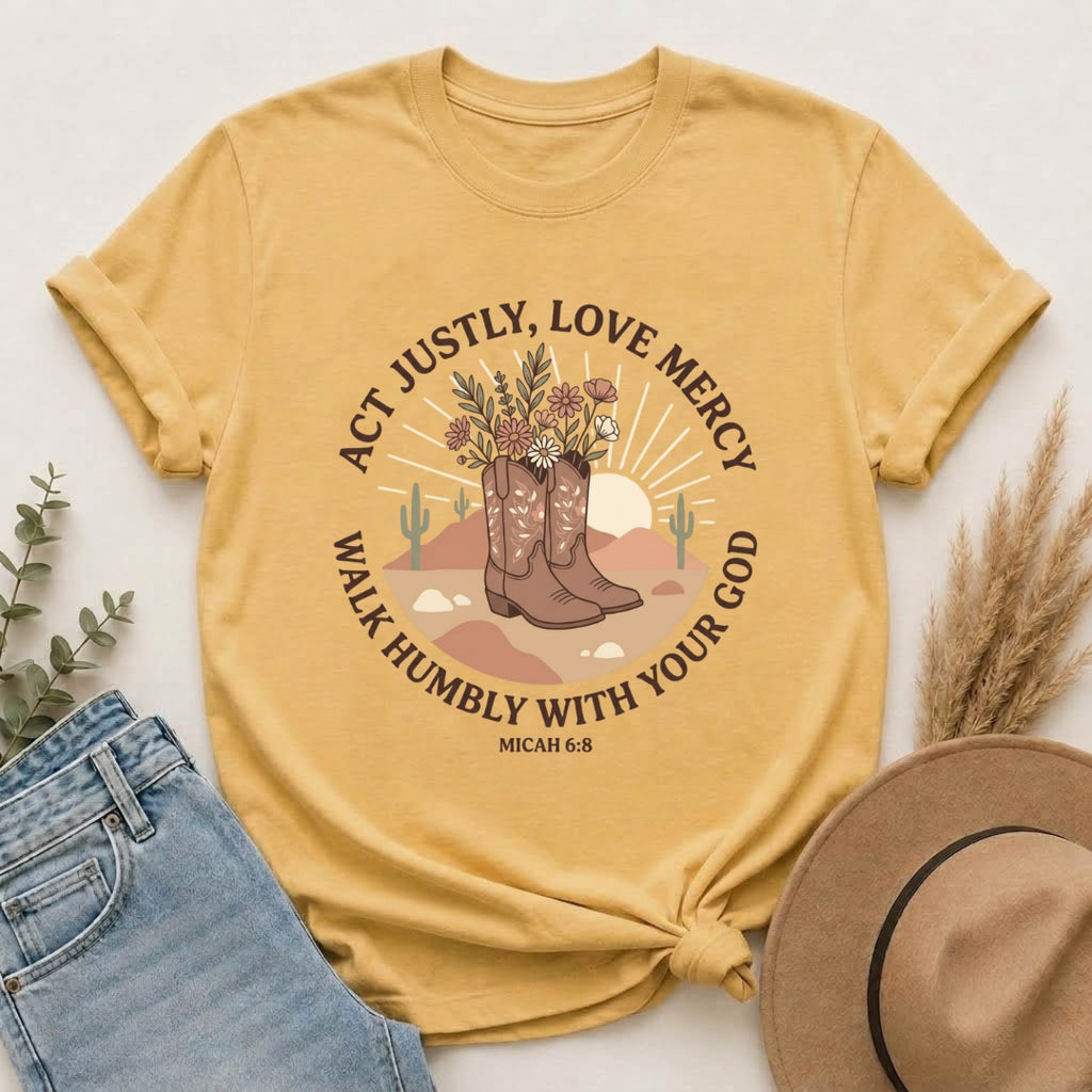 Faithful Cowgirl T-Shirt — “Act Justly, Love Mercy” Micah 6:8 Christian Tee