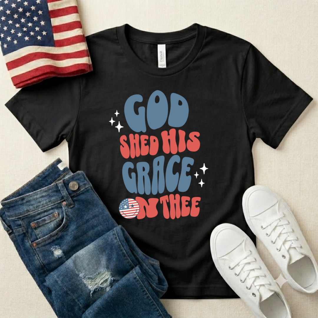 God Shed His Grace On Thee T-Shirt — Retro Patriotic Christian Tee