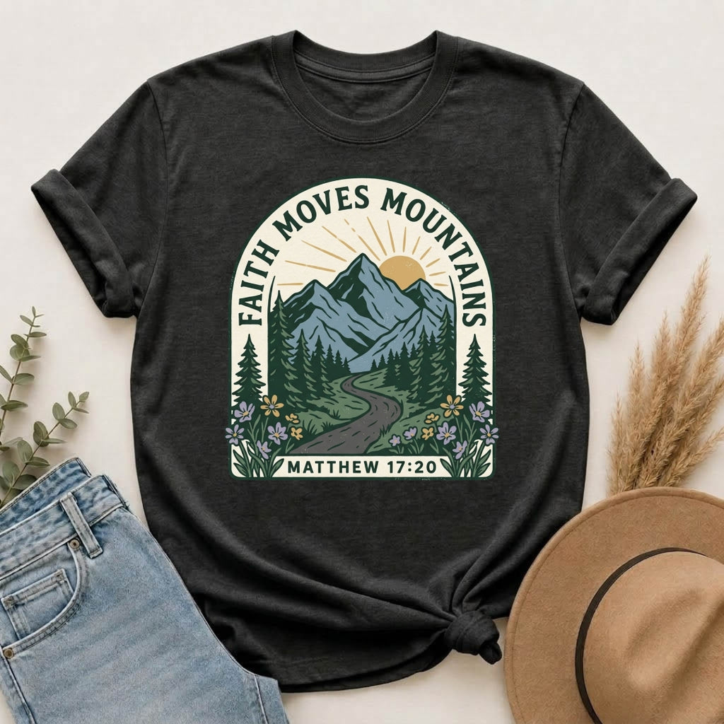 Faith Moves Mountains T-Shirt — Matthew 17:20 Mountain Landscape Christian Tee