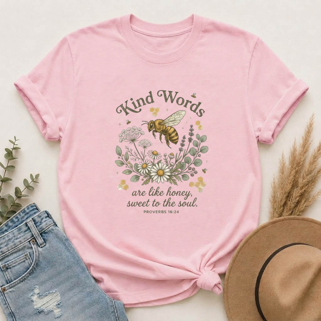 Kind Words Bee T-Shirt — "Kind Words are like honey, sweet to the soul" Floral Christian Tee
