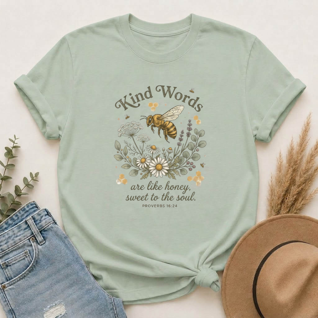 Kind Words Bee T-Shirt — "Kind Words are like honey, sweet to the soul" Floral Christian Tee