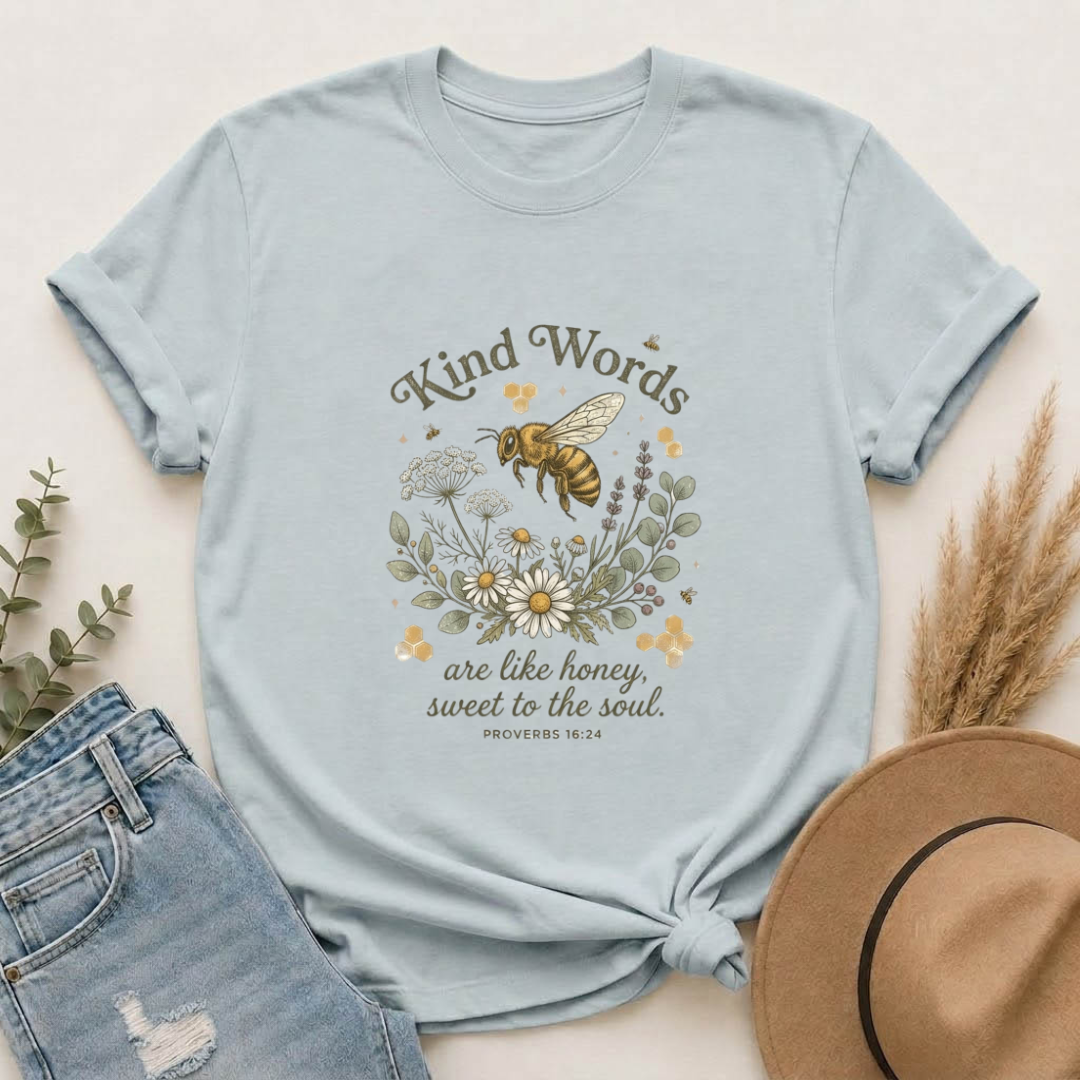 Kind Words Bee T-Shirt — "Kind Words are like honey, sweet to the soul" Floral Christian Tee