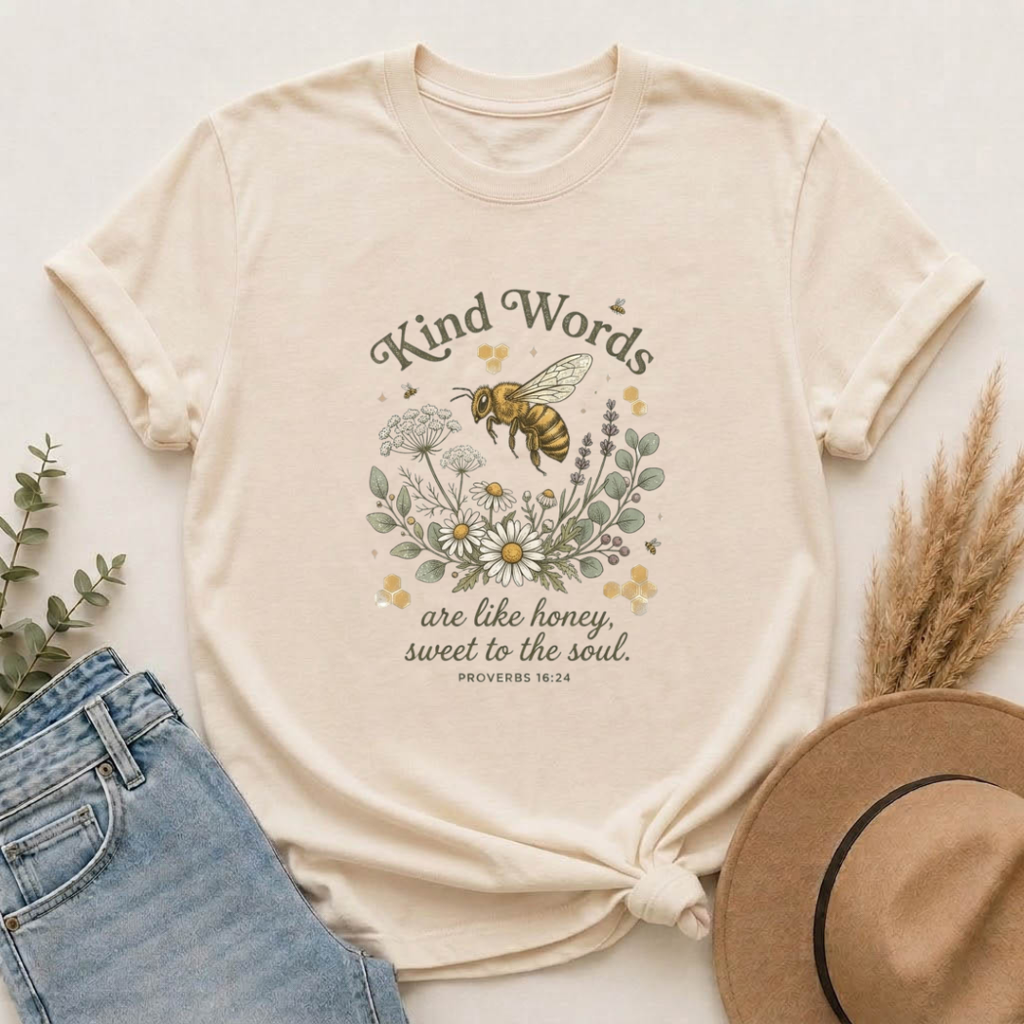 Kind Words Bee T-Shirt — "Kind Words are like honey, sweet to the soul" Floral Christian Tee