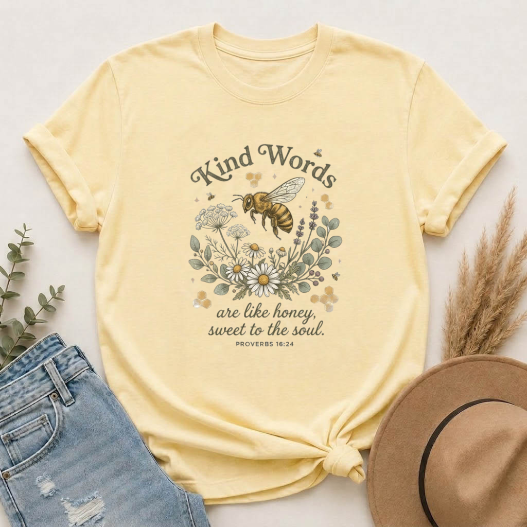 Kind Words Bee T-Shirt — "Kind Words are like honey, sweet to the soul" Floral Christian Tee