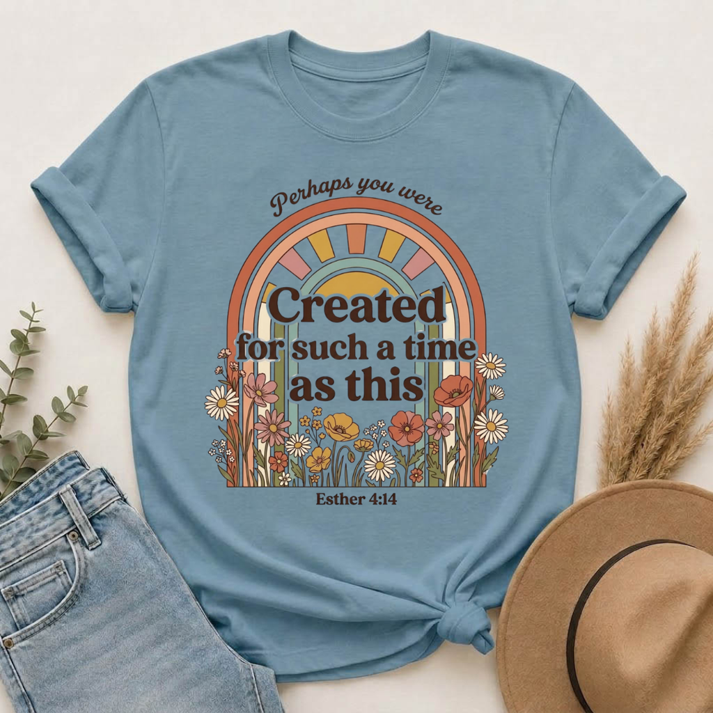 Created for Such a Time as This T-Shirt — Esther 4:14 Floral Rainbow Christian Tee