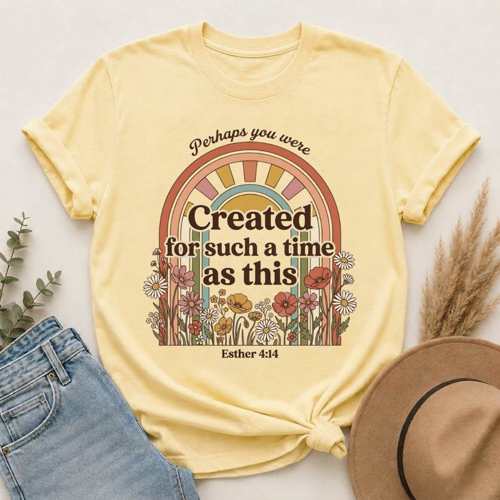 Created for Such a Time as This T-Shirt — Esther 4:14 Floral Rainbow Christian Tee