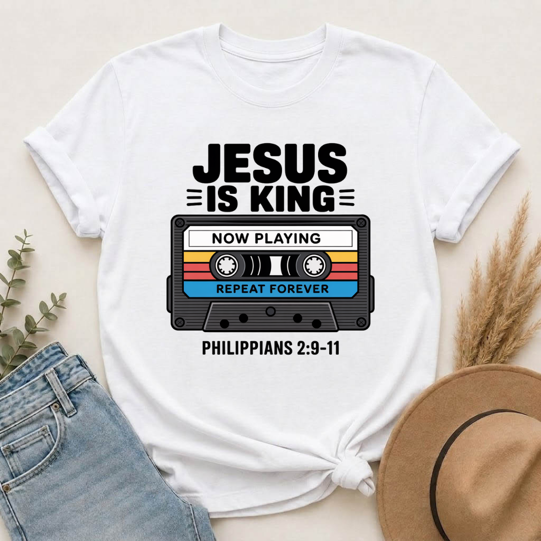 Jesus Is King – Now Playing Forever | Retro Christian Cassette Tape T-Shirt