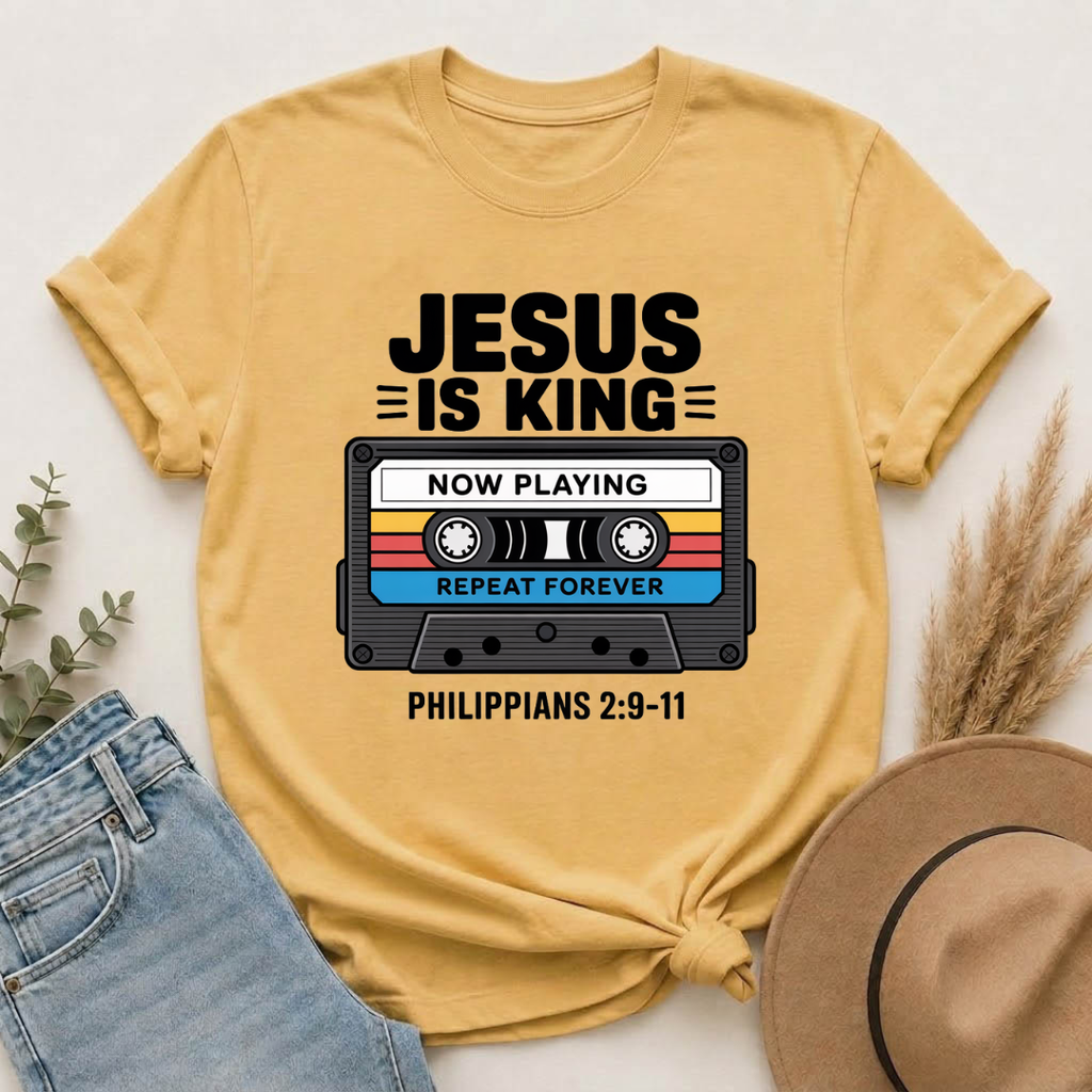 Jesus Is King – Now Playing Forever | Retro Christian Cassette Tape T-Shirt