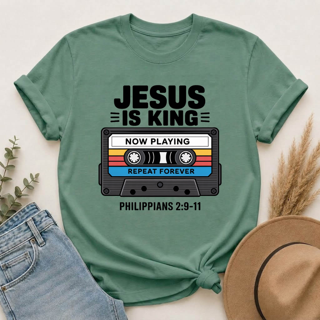 Jesus Is King – Now Playing Forever | Retro Christian Cassette Tape T-Shirt