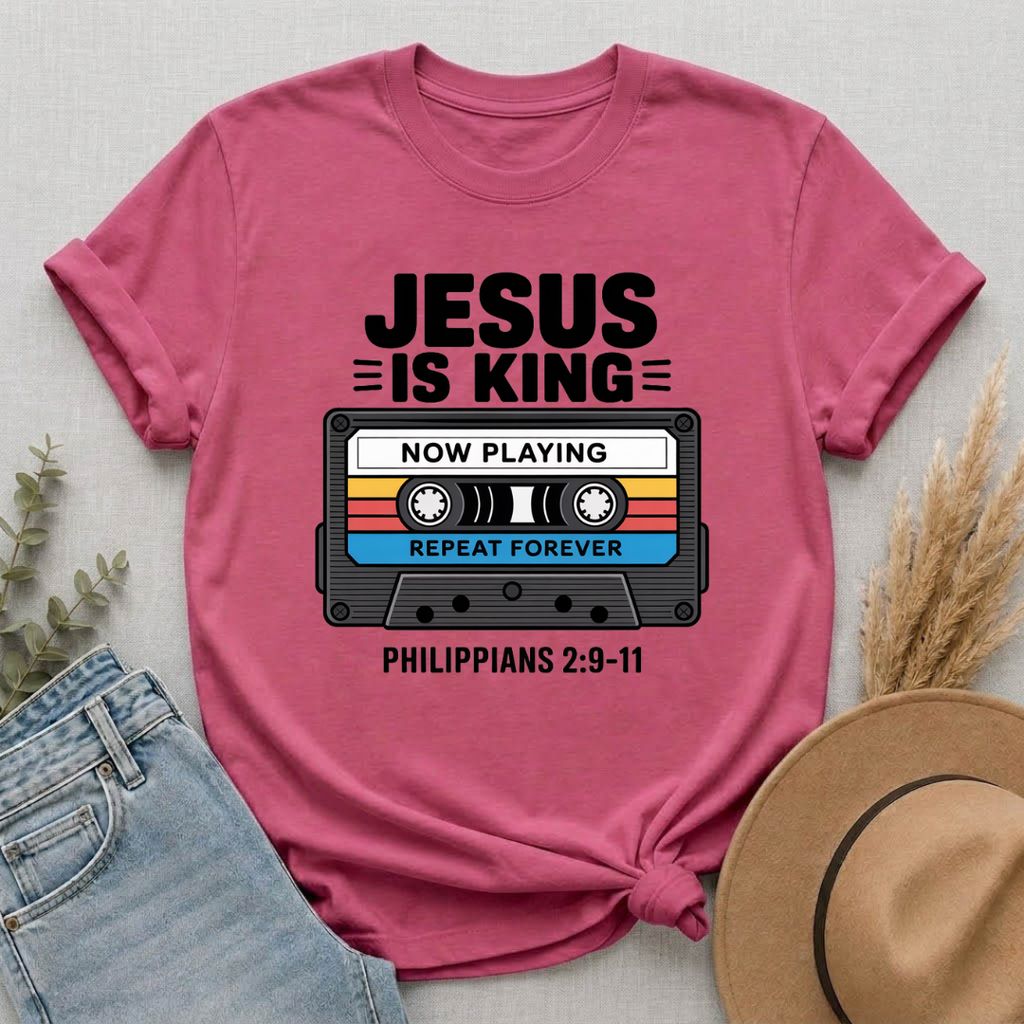 Jesus Is King – Now Playing Forever | Retro Christian Cassette Tape T-Shirt
