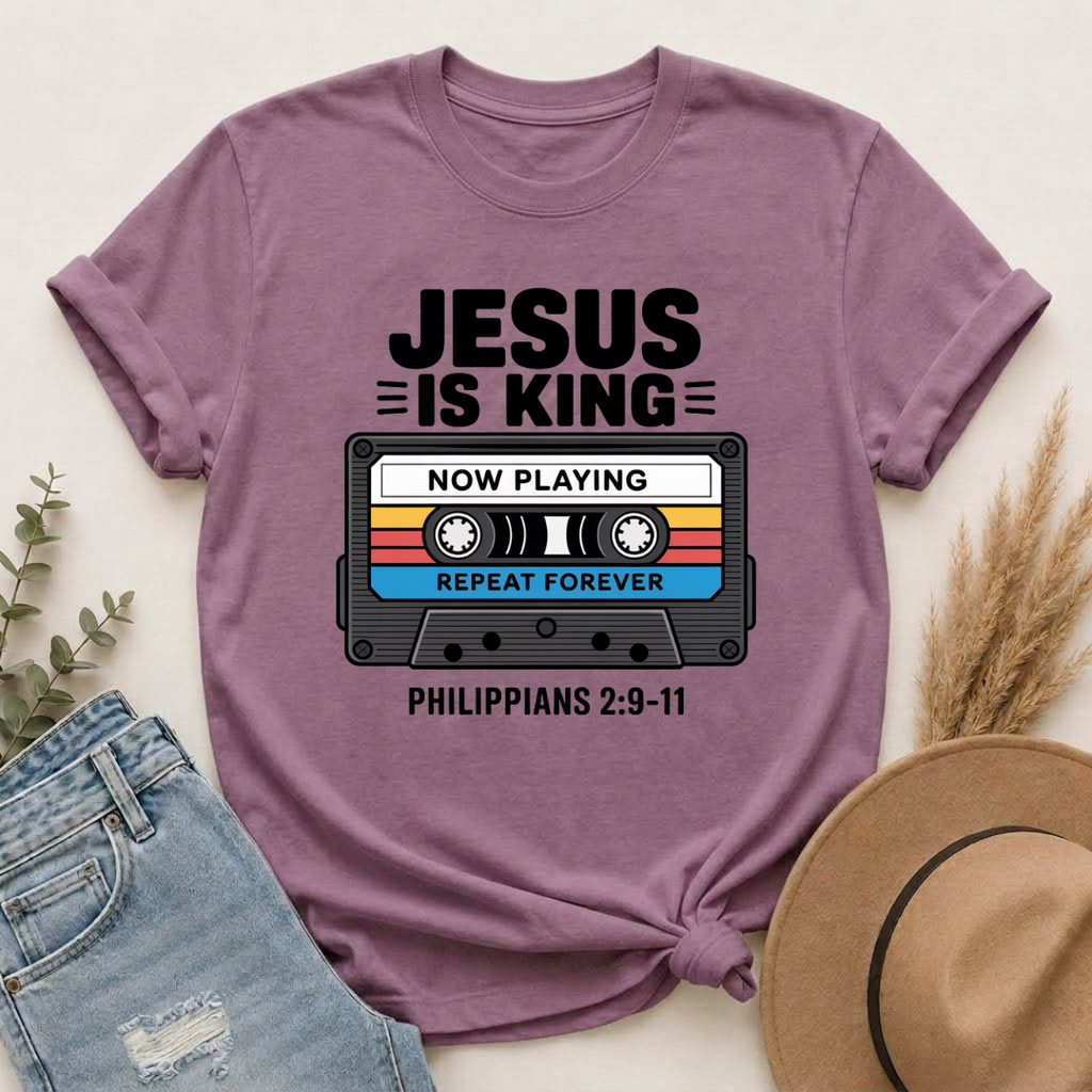 Jesus Is King – Now Playing Forever | Retro Christian Cassette Tape T-Shirt