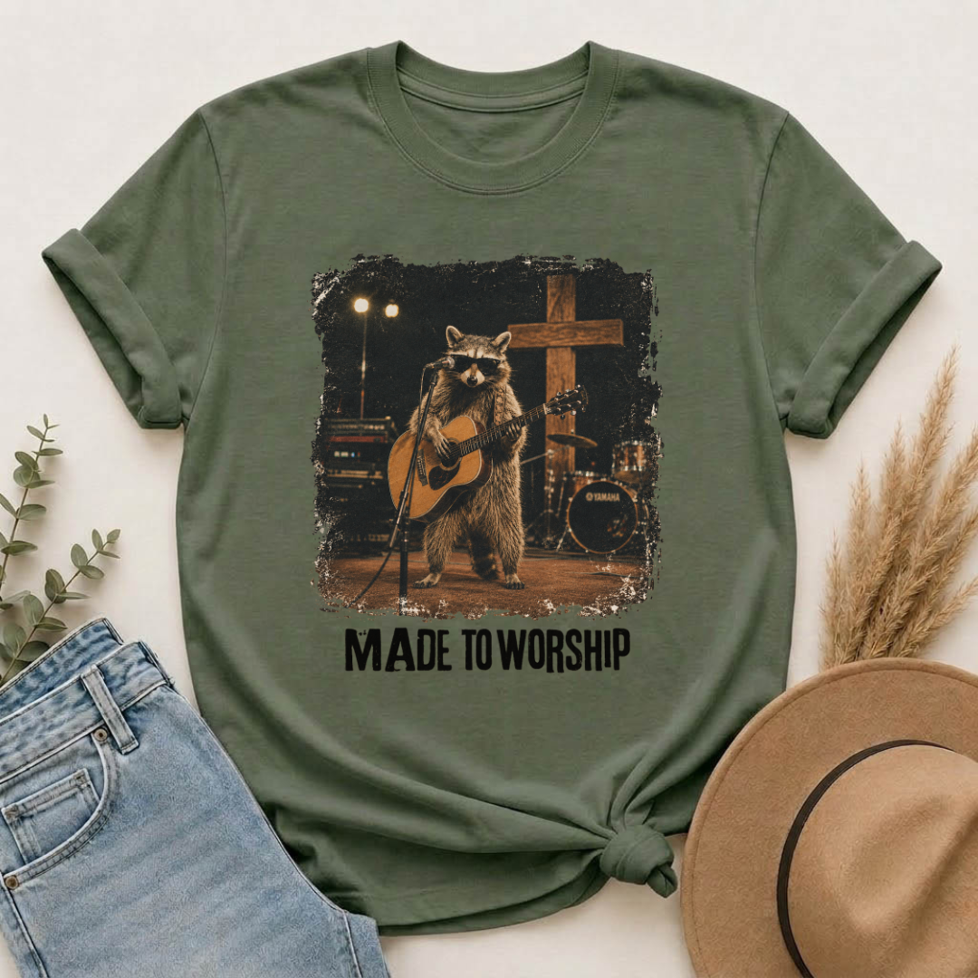 Made to Worship | Vintage Raccoon Christian Graphic Tee