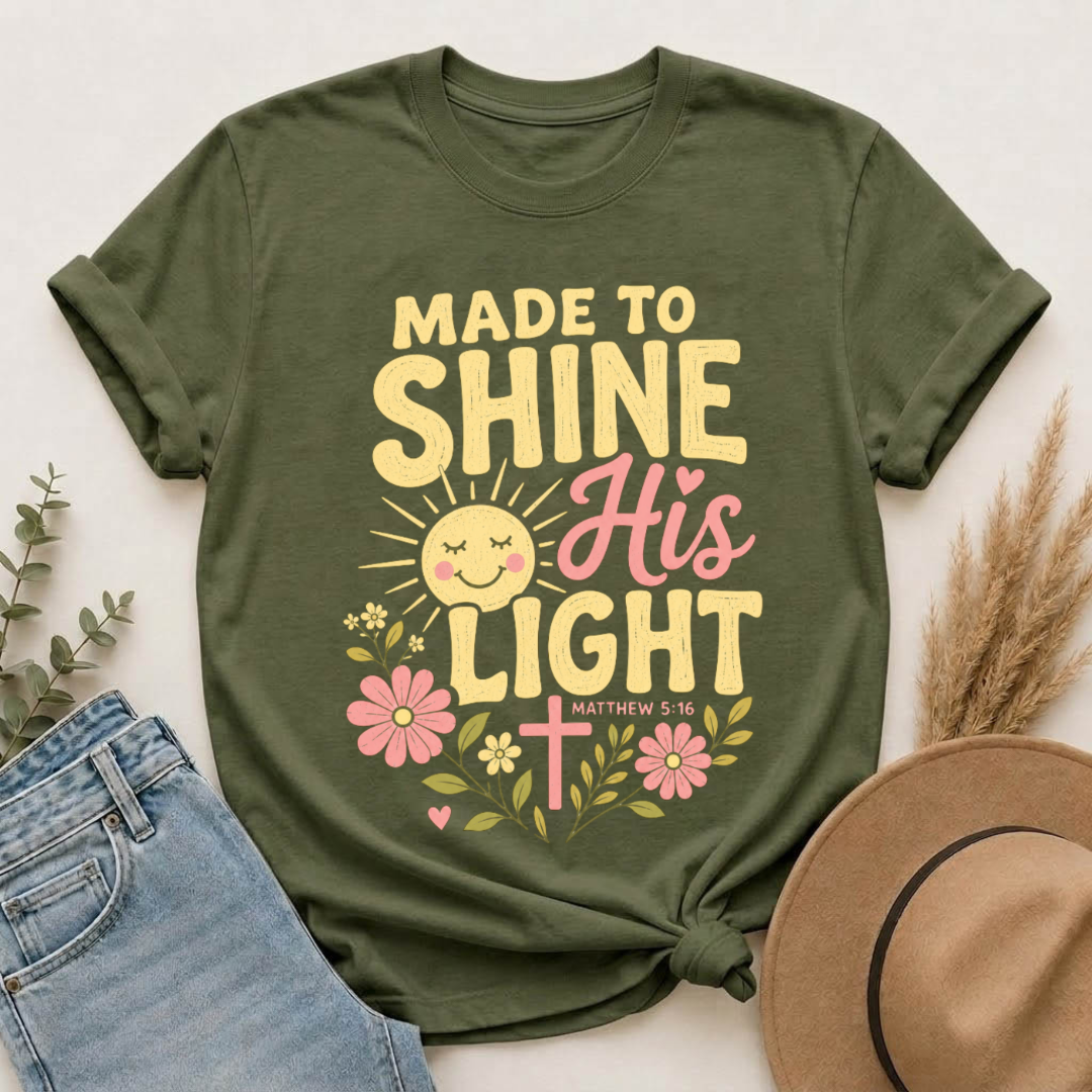 Made to Shine His Light | Matthew 5:16 Christian Floral Graphic Tee