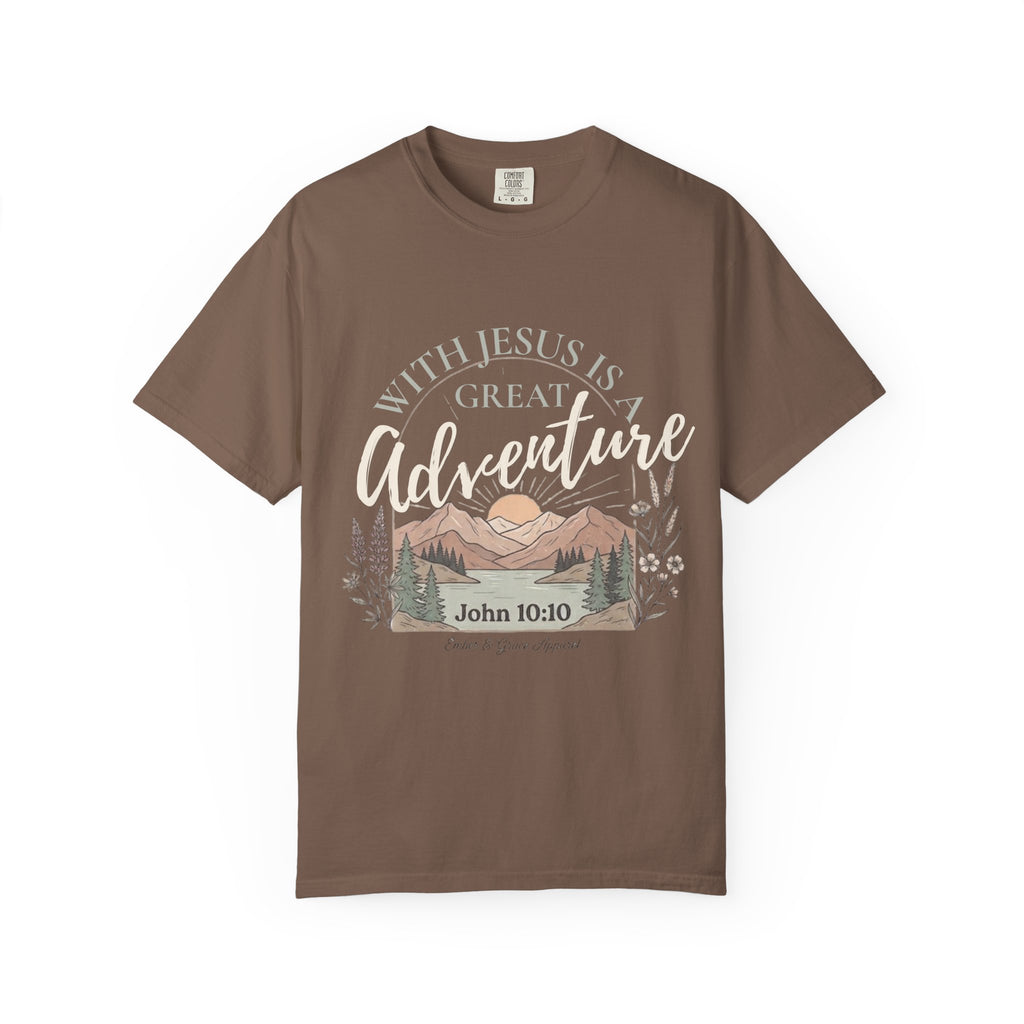 Adventure Faith T-Shirt — "With Jesus is a Great Adventure" John 10:10 Christian Tee