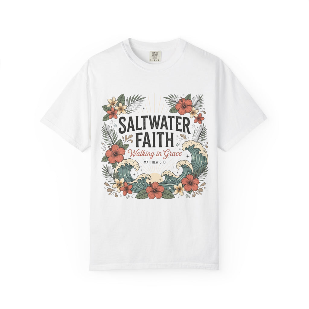 Saltwater Faith T-Shirt — 'Walking in Grace' Floral Surf Christian Tee