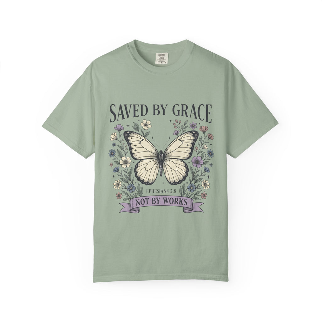 Saved by Grace Butterfly T-Shirt — Christian Faith Floral Tee (Ephesians 2:8 "Not by Works")