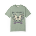 Saved by Grace Butterfly T-Shirt — Christian Faith Floral Tee (Ephesians 2:8 "Not by Works")