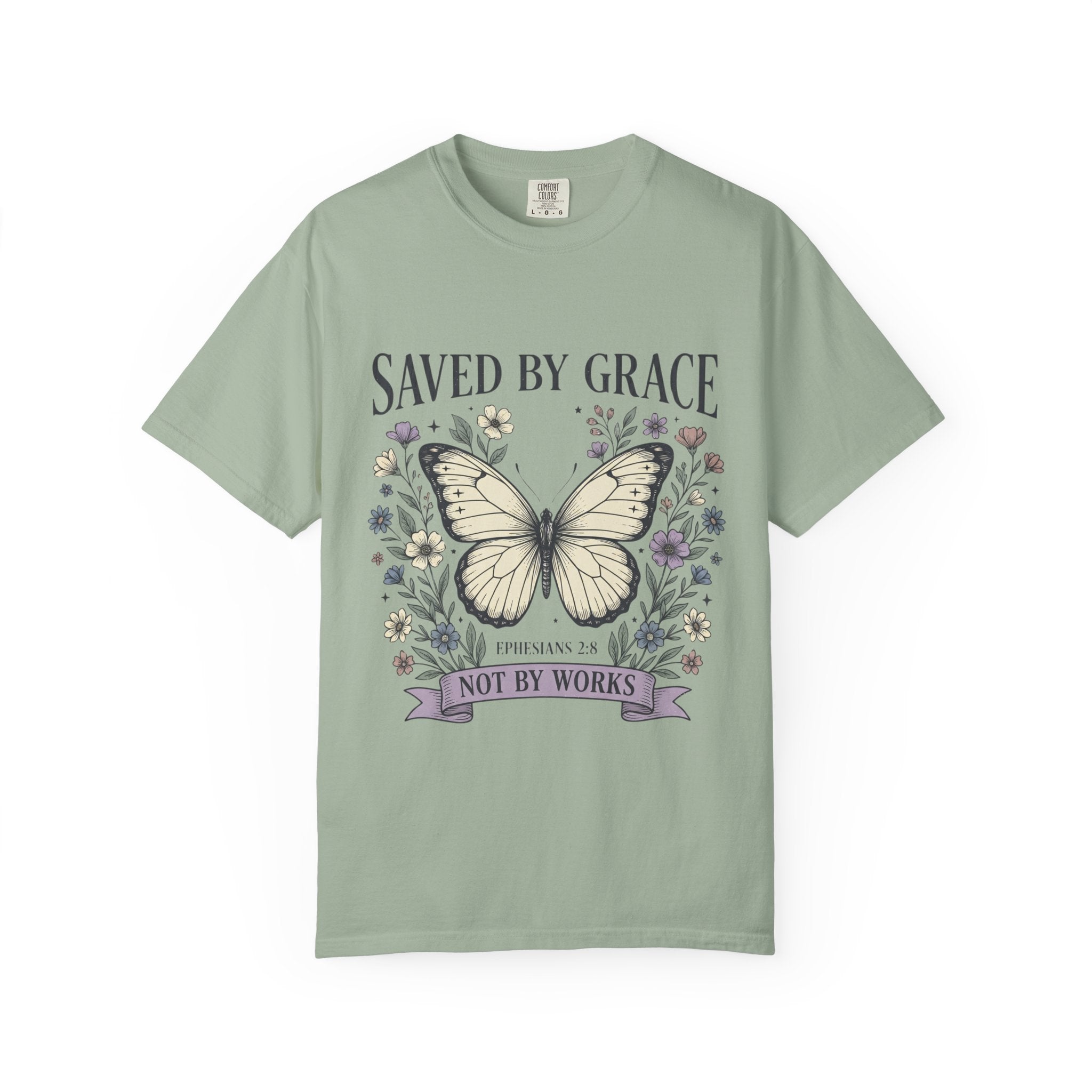 Saved by Grace Butterfly T-Shirt — Christian Faith Floral Tee (Ephesians 2:8 "Not by Works")