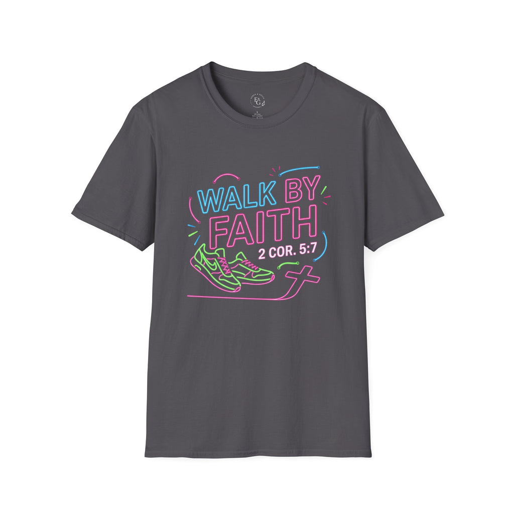 Walk By Faith T-Shirt — Neon Scripture 2 Cor. 5:7 Christian Tee