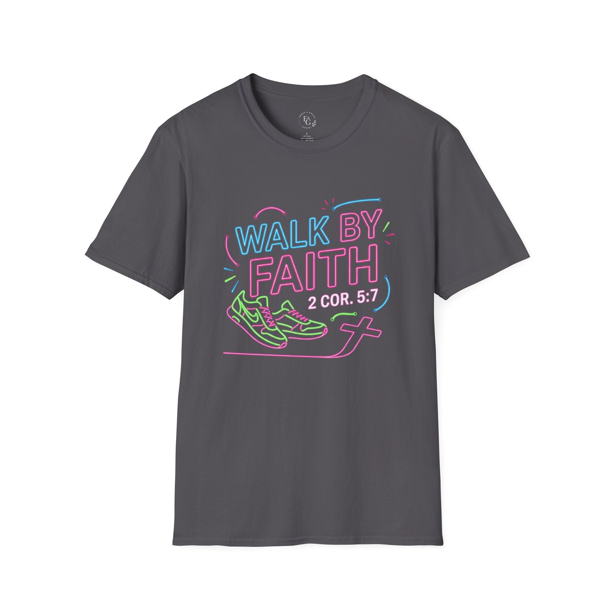Walk By Faith T-Shirt — Neon Scripture 2 Cor. 5:7 Christian Tee