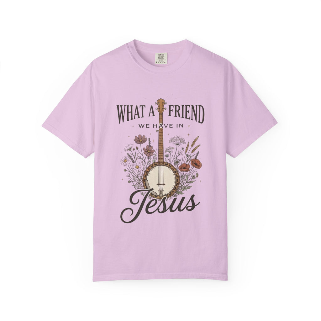 Christian Banjo T-Shirt — “What a Friend We Have in Jesus” Floral Gospel Tee