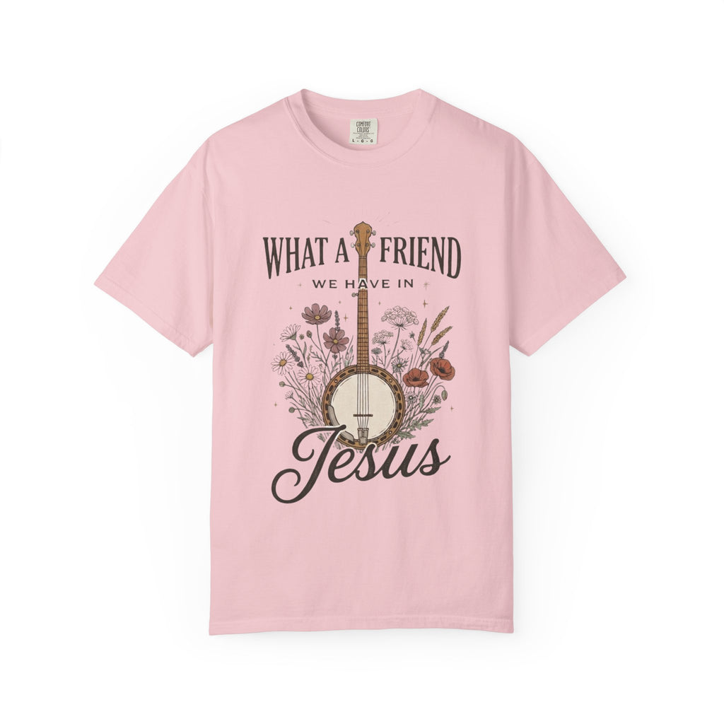 Christian Banjo T-Shirt — “What a Friend We Have in Jesus” Floral Gospel Tee