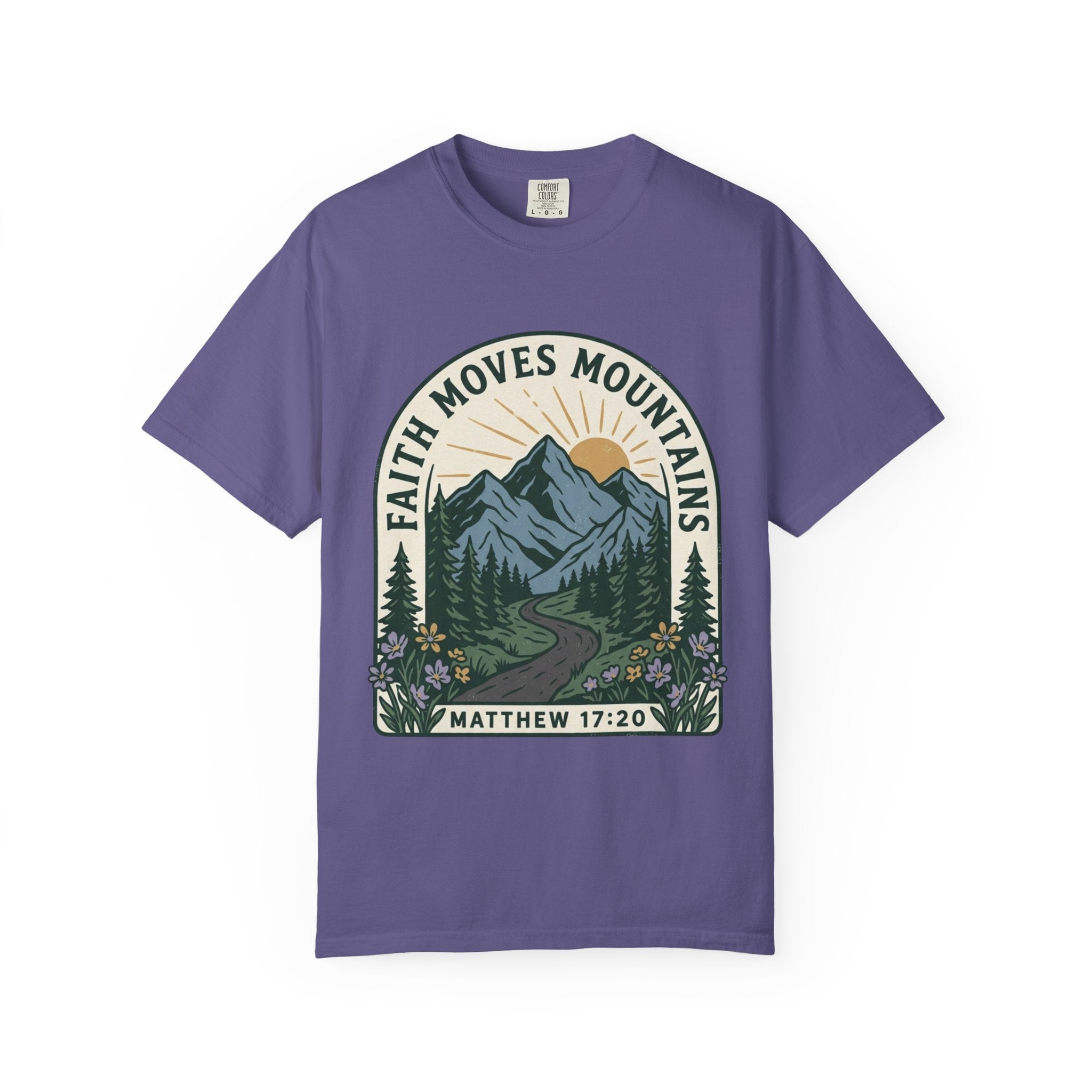 Faith Moves Mountains T-Shirt — Matthew 17:20 Mountain Landscape Christian Tee