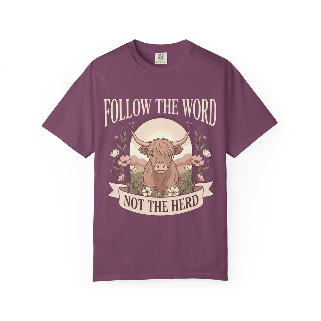 T-Shirt — "Follow the Word, Not the Herd" Highland Cow Graphic Tee