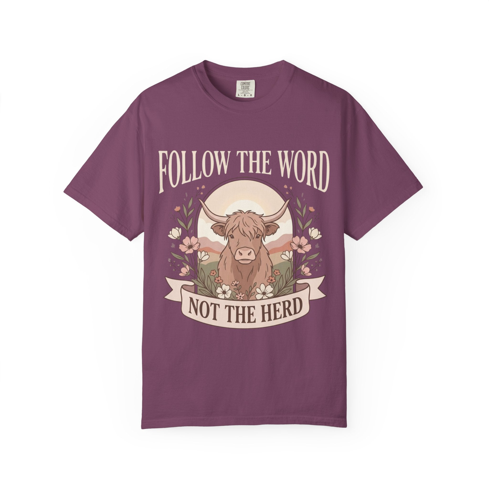 T-Shirt — "Follow the Word, Not the Herd" Highland Cow Graphic Tee
