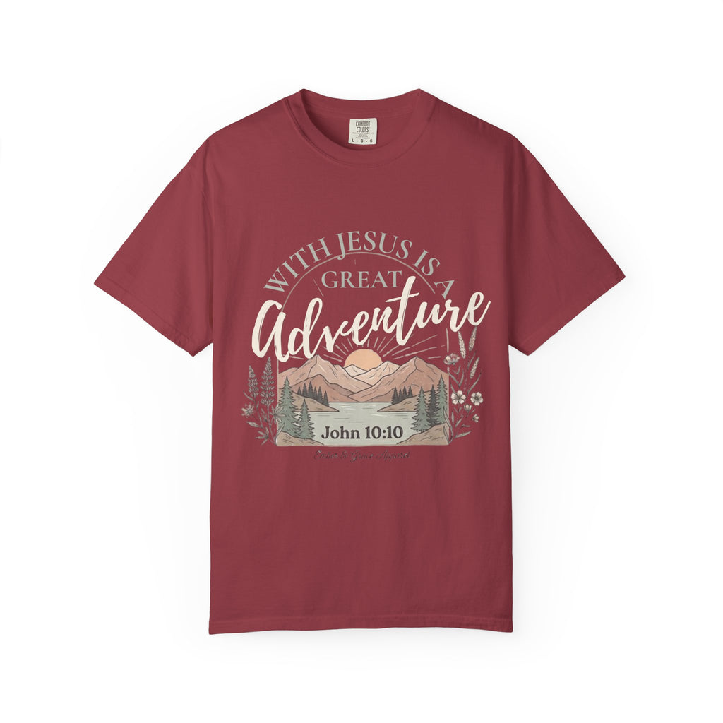 Adventure Faith T-Shirt — "With Jesus is a Great Adventure" John 10:10 Christian Tee