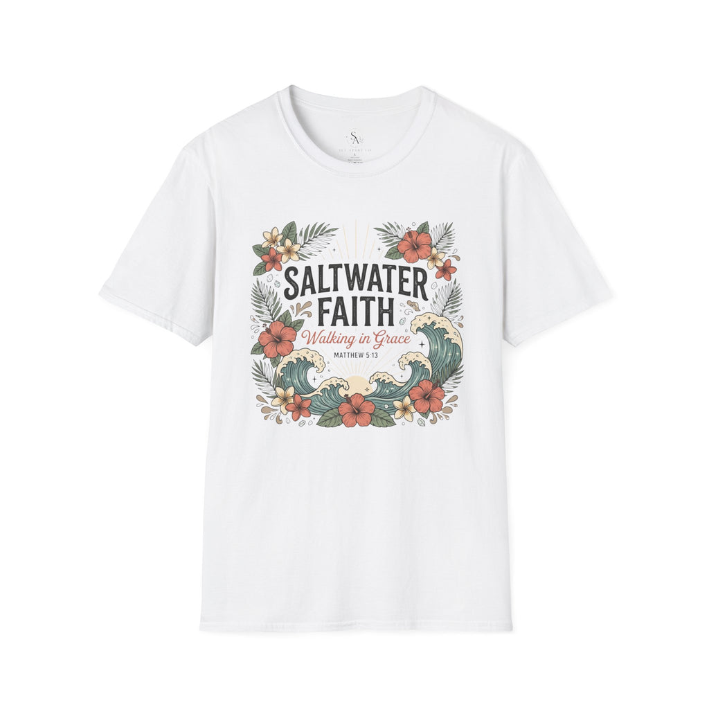 Saltwater Faith T-Shirt — Floral Coastal Christian Tee (Walking in Grace)