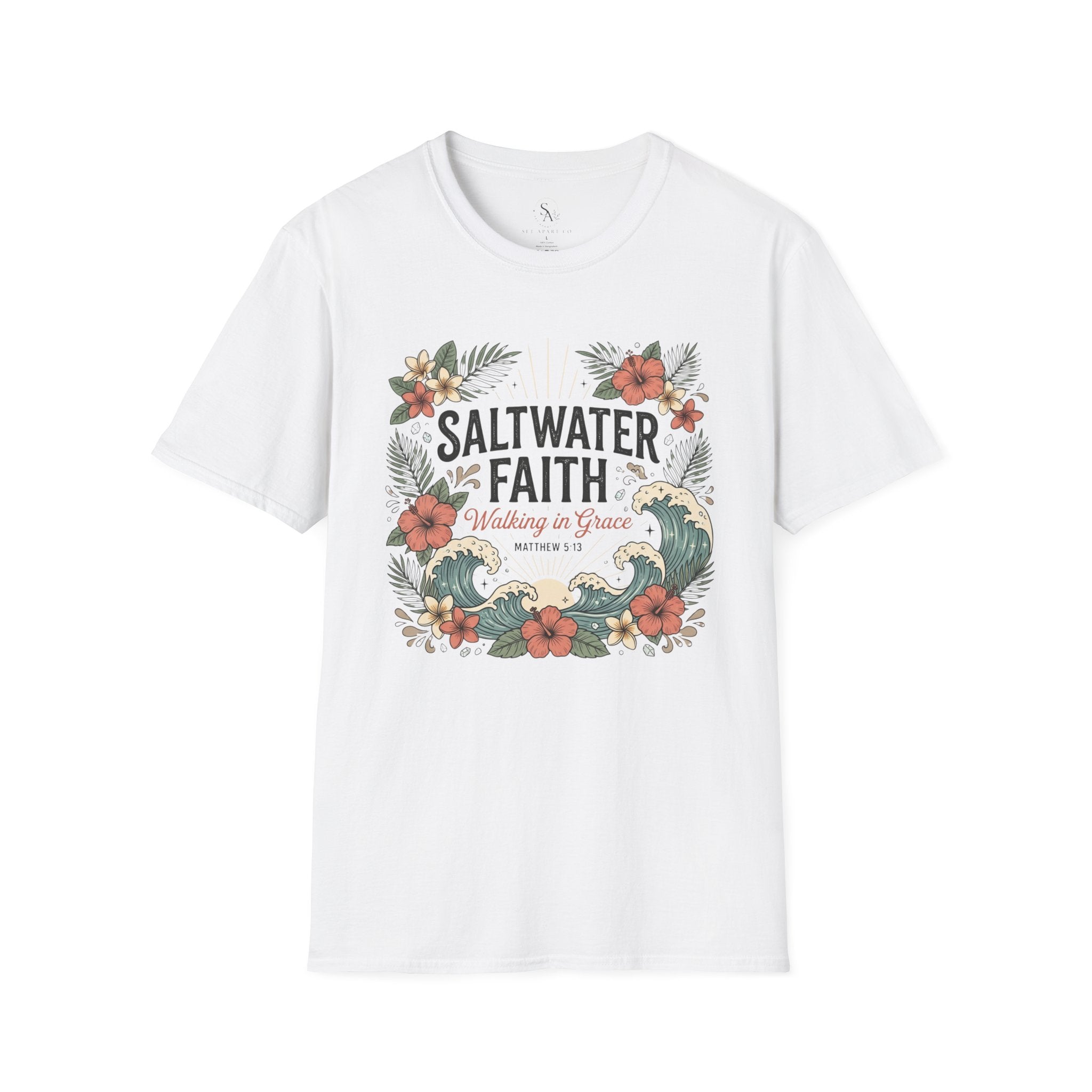 Saltwater Faith T-Shirt — Floral Coastal Christian Tee (Walking in Grace)