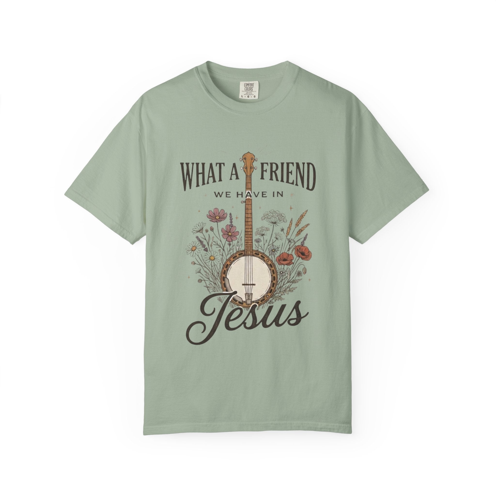 Christian Banjo T-Shirt — “What a Friend We Have in Jesus” Floral Gospel Tee