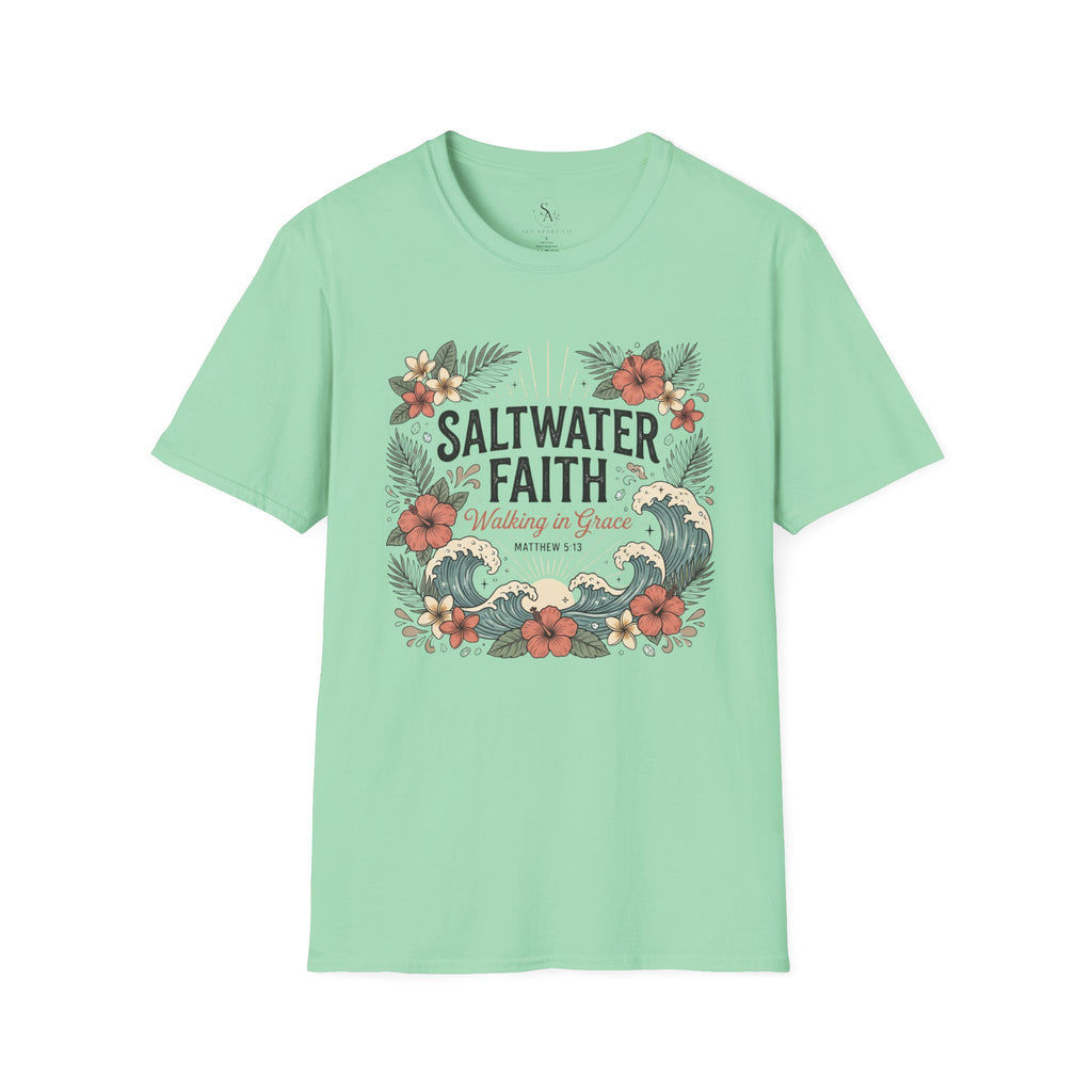 Saltwater Faith T-Shirt — Floral Coastal Christian Tee (Walking in Grace)