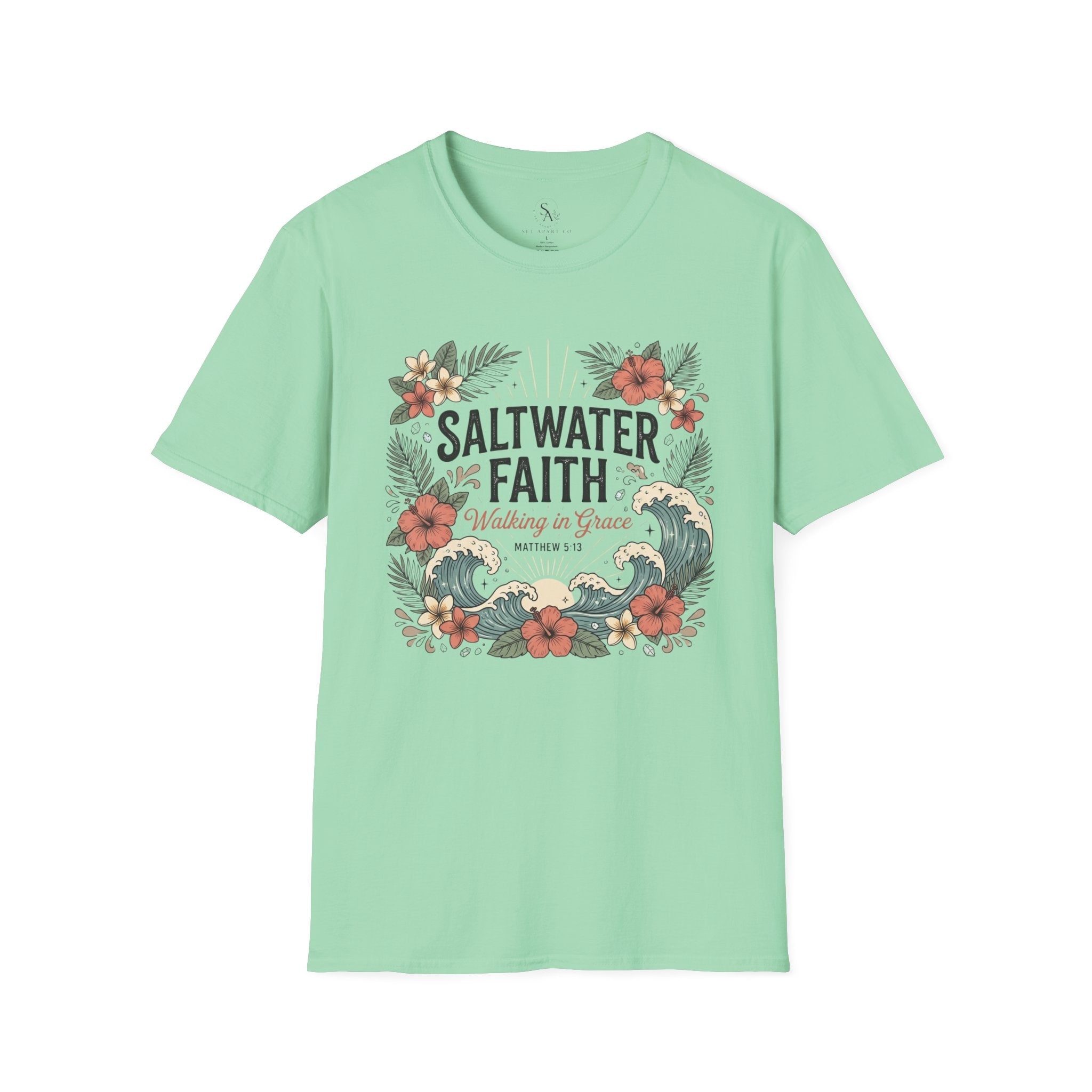 Saltwater Faith T-Shirt — Floral Coastal Christian Tee (Walking in Grace)