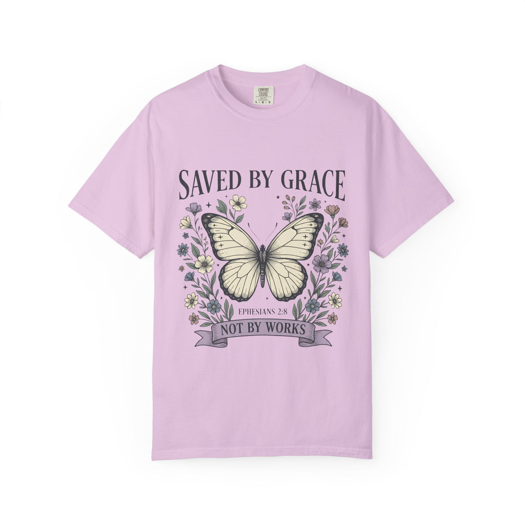 Saved by Grace Butterfly T-Shirt — Christian Faith Floral Tee (Ephesians 2:8 "Not by Works")