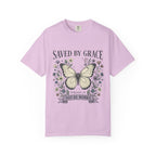 Saved by Grace Butterfly T-Shirt — Christian Faith Floral Tee (Ephesians 2:8 "Not by Works")