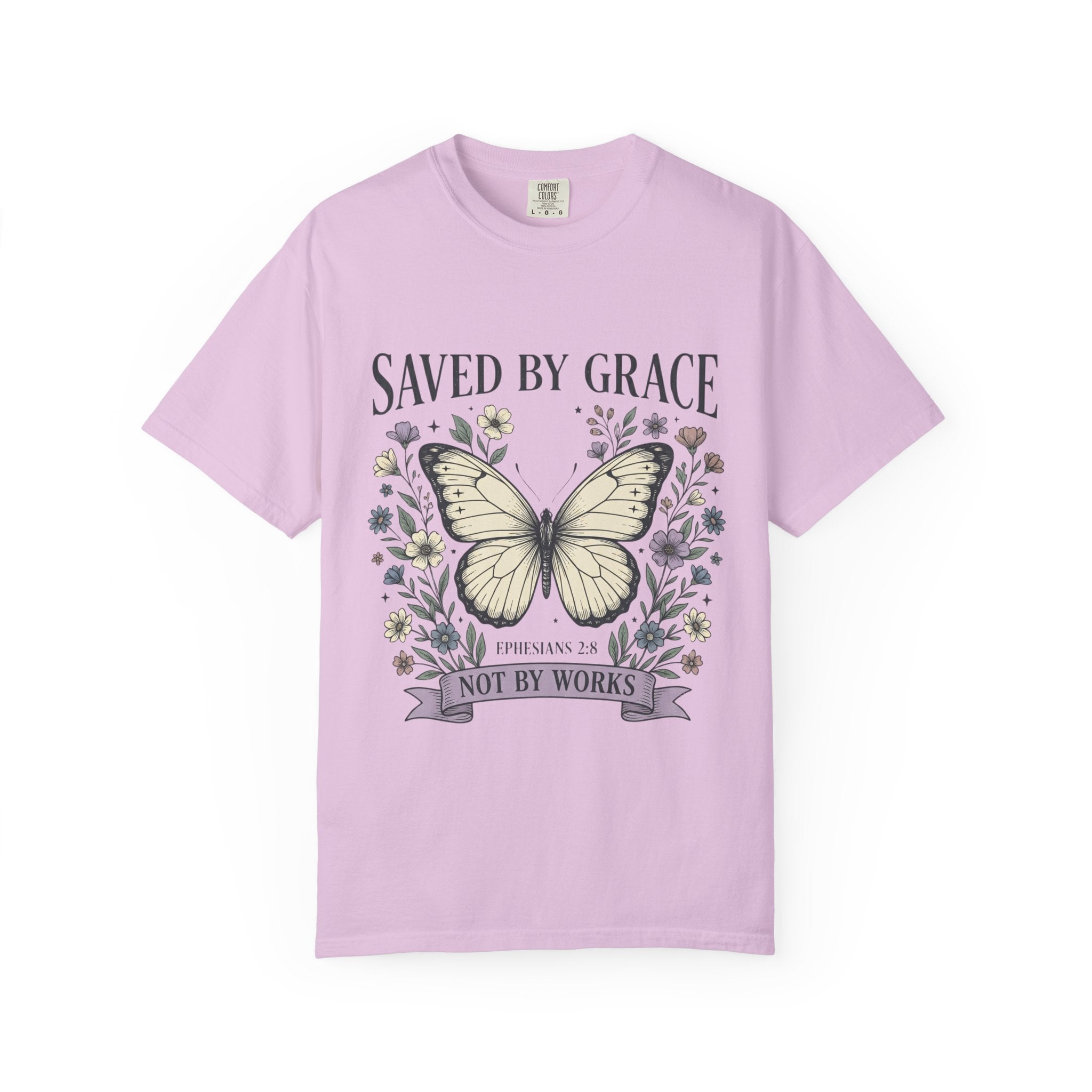 Saved by Grace Butterfly T-Shirt — Christian Faith Floral Tee (Ephesians 2:8 "Not by Works")