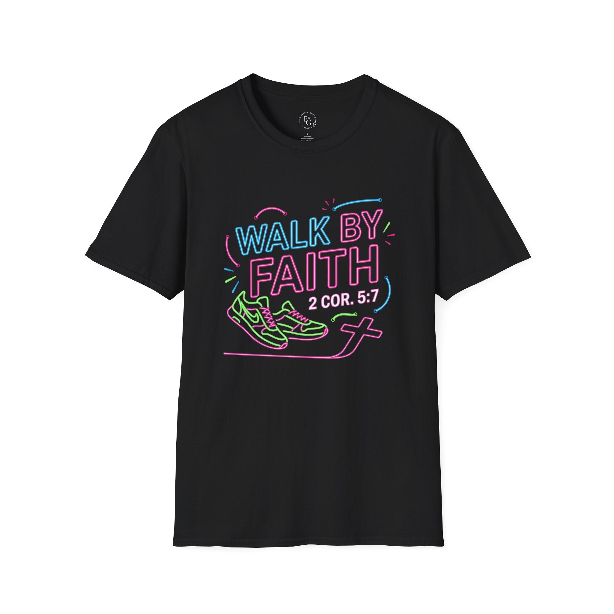Walk By Faith T-Shirt — Neon Scripture 2 Cor. 5:7 Christian Tee