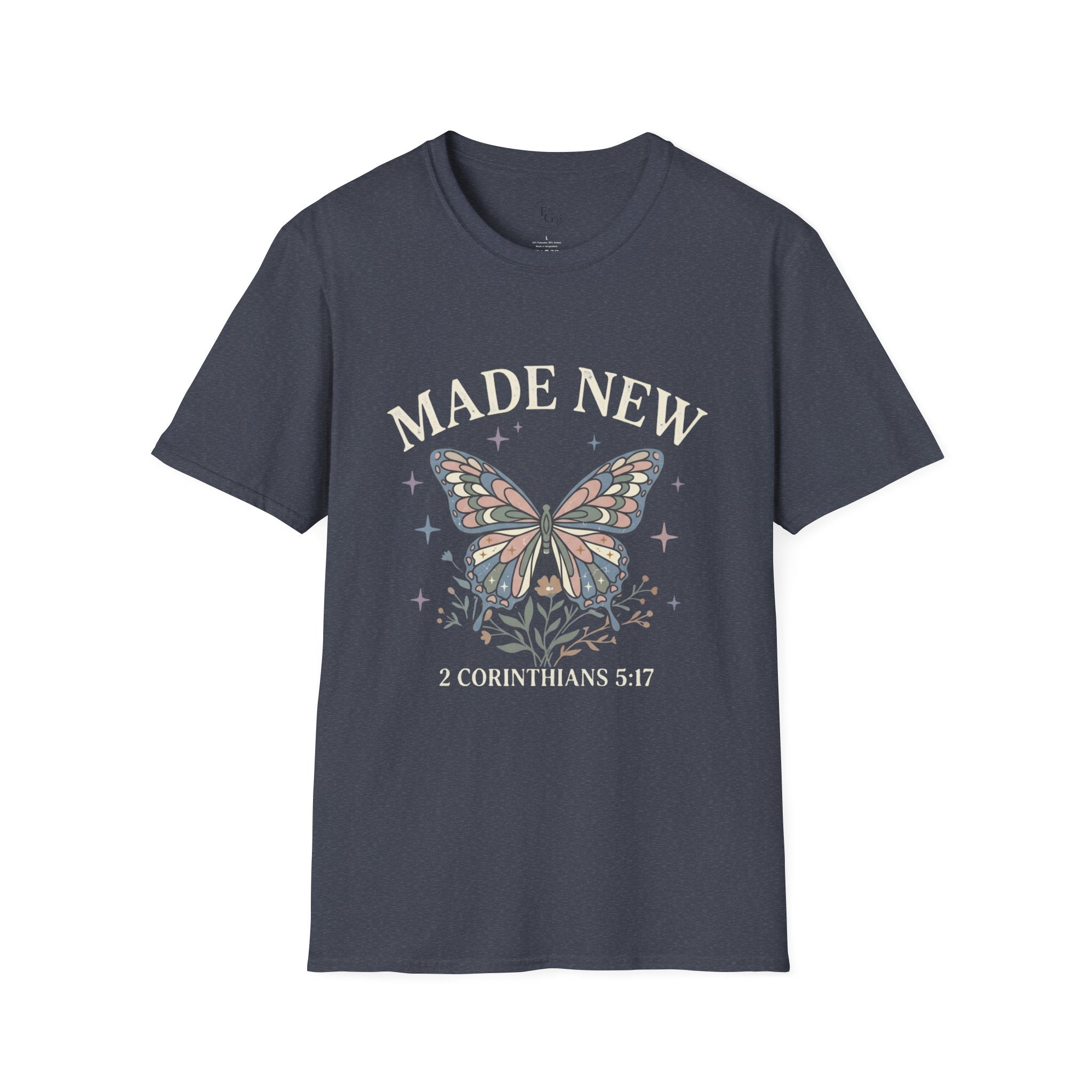 Made New Butterfly T-Shirt — 2 Corinthians 5:17 Christian Faith Tee
